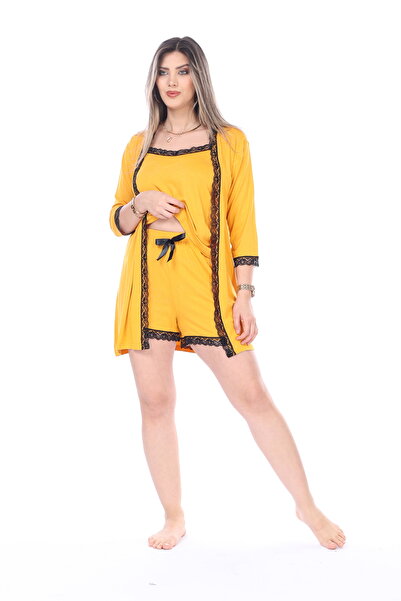 mervemoda Kadın yazlık penye ip askılı şortlu sabahlık  3 lü takım