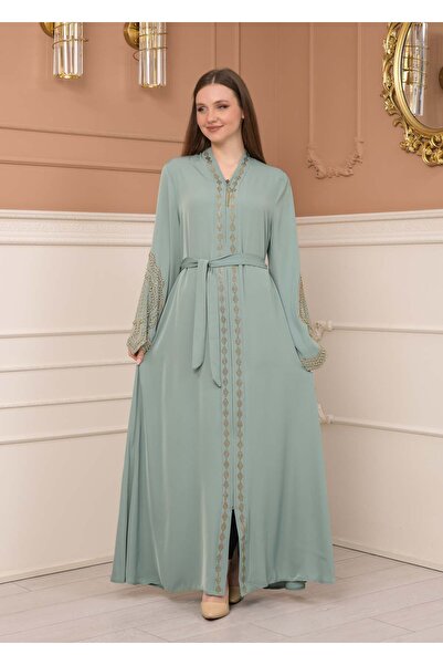 Modamix Stone Detailed Arm and Belted Abaya Ferace - 683