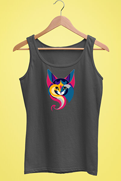 Raf Coll Γυναικείο μπλουζάκι με λουράκι Πολύχρωμο σχέδιο γάτας Ψηφιακή εκτύπωση 100% βαμβάκι