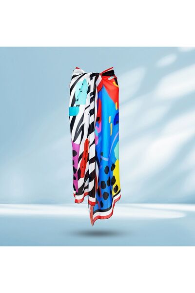 Mys Collection Zebra Desenli Transparan Kırmızı Mavi Renkli Pareo