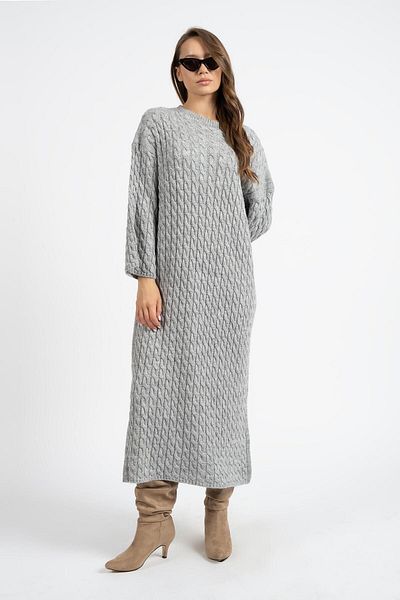 RTD&VLD Gray Long Knitwear Dress - Crew Neck, Knitted Pattern