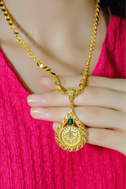 aytekgold 8 Ayar Tuğralı Yeşil taşlı pullu kolye