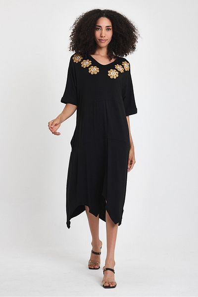 AYASOFYA OTANTIK Black Embroidered Casual Combed Cotton Women's Dress - Embroidered Detail