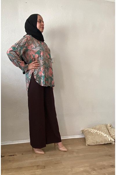 Samgülü XXL Dark Brown Diagonel Crepe Large Size Trousers - Wide Leg
