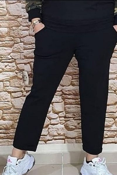 sinemisxxl Women's Black Elastic Waist Lycra Double Leg Scuba Crepe Comfortable Trousers