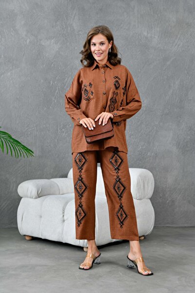 Miss Allos Linen Shirt and Trousers Set - Sequin Embroidered Front and Pants