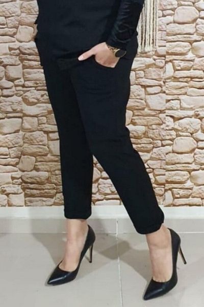 sinemisxxl Women's Black Elastic Waist Lycra Double Leg Scuba Crepe Comfortable Trousers