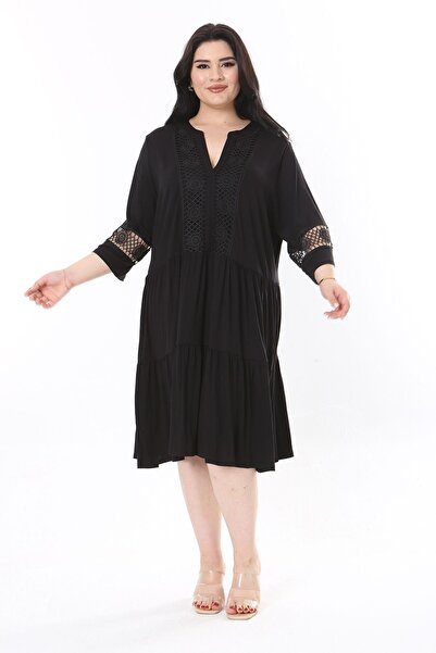 Şans Plus Size Lace Detailed Black Layered Dress - 65N37929