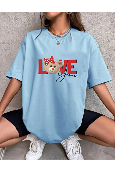 oneagılyazı LOVE BEAR DESIGN - Υπερμεγέθη εμπριμέ χτενισμένο βαμβακερό μπλουζάκι