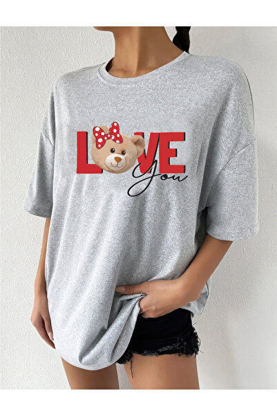 oneagılyazı LOVE BEAR DESIGN - Υπερμεγέθη εμπριμέ χτενισμένο βαμβακερό μπλουζάκι