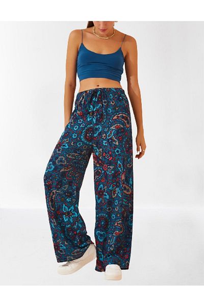 Namaste Vintage Blue ethnic patterned slash pants with elastic waistband