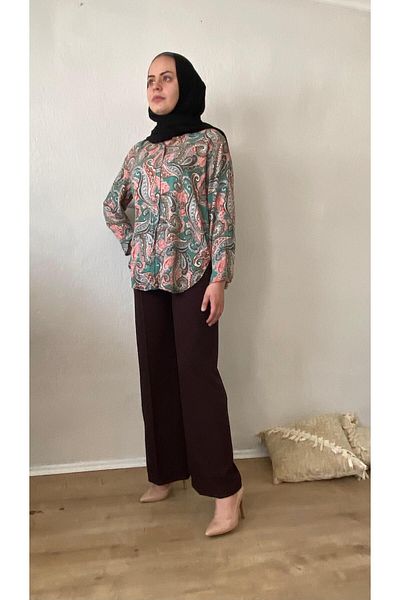 Samgülü XXL Dark Brown Diagonel Crepe Large Size Trousers - Wide Leg