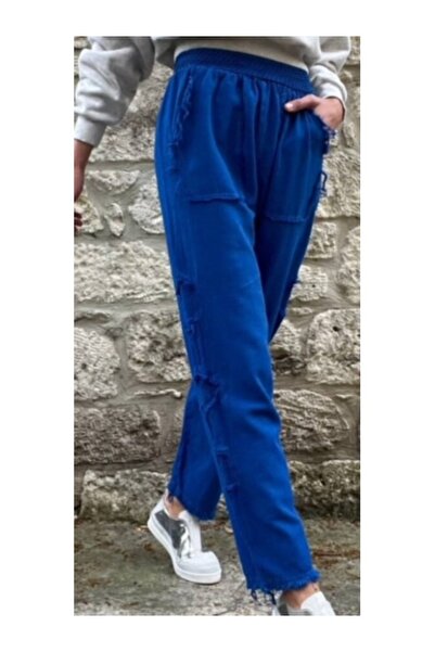 PHUTİ COLLECTION للنساء - أزرق ساكس، خصر مرن، بنطلون سالاس شالوار ذو مظهر كتا...