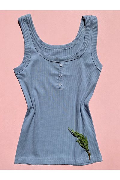 LEYNA BUTİK Women's Corded Tank Top - Thick Strap, Button Detail, 2-Piece Blue and Black Dried Rose