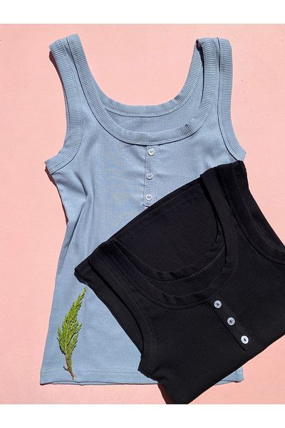 LEYNA BUTİK Women's Corded Tank Top - Thick Strap, Button Detail, 2-Piece Blue and Black Dried Rose