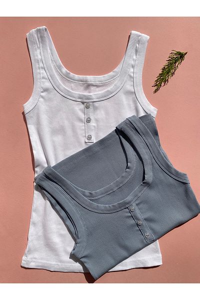 LEYNA BUTİK White Blue Colored Corded Fabric Women's Undershirt - Set of 2 with Thick Straps and Button Detail