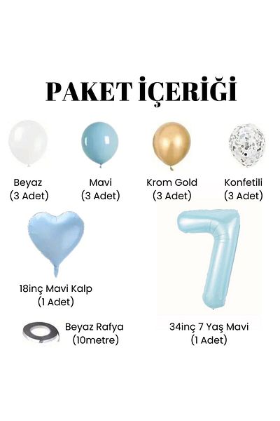 Konsept Sepeti 7 Year Old Birthday Set - Foil, Blue White Chrome Gold, Confetti Balloon Party