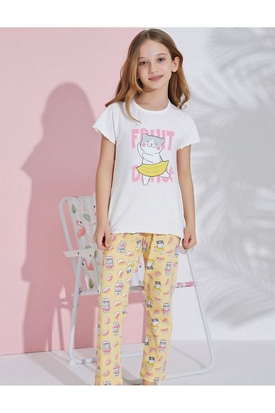 seamlife Girl's Cotton Cat Watermelon Patterned Short Sleeve White Summer Pajamas Set