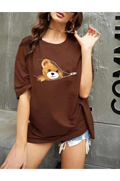 oneagılyazı ΣΧΕΔΙΟ ΑΡΚΟΥΔΑΣ - Μπλουζάκι με στάμπα Oversize Χτενισμένο Βαμβακερό