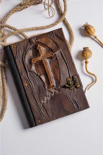 GUETTA El Yapımı Hakiki Deri Günlük Hatıra Defteri Şamua Kağıt Haç Desen