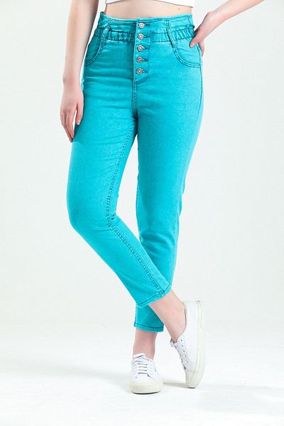 SHEVEGA Women's Turquoise Button Detailed Mom Jean Jeans (thin Fabric)