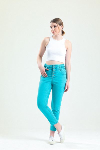SHEVEGA Women's Turquoise Button Detailed Mom Jean Jeans (thin Fabric)