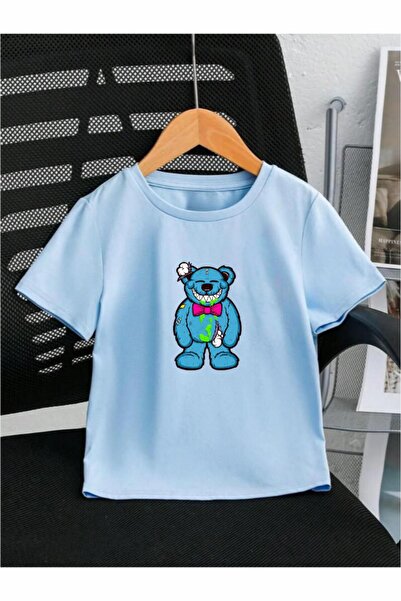 oneagılyazı Унисекс синя детска тениска с щампа на плюшено мече