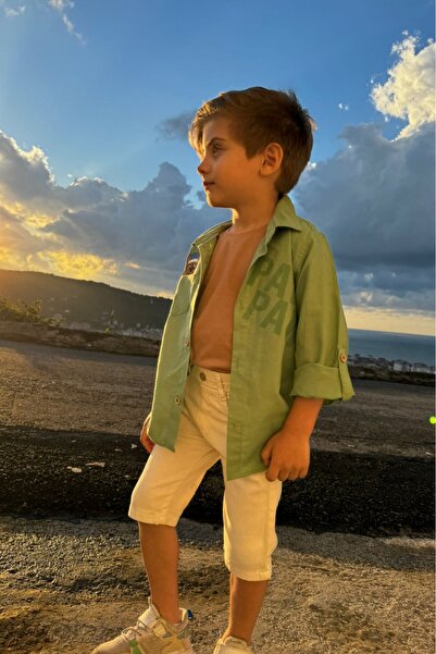 Pollito Khaki Shirt T-Shirt and Paw Dog Embroidered Cotton 2-Piece Set for Boy