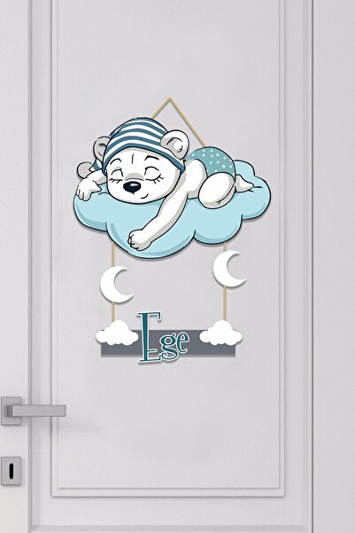Kapbirhediye Isme Özel Bebek Odası Ahşap Kapı Süsü (bulut & Ayı)
