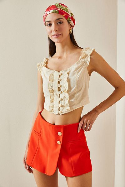 XHAN Beige Crop Blouse - Ruffle Straps, 5YXK2-48797-25