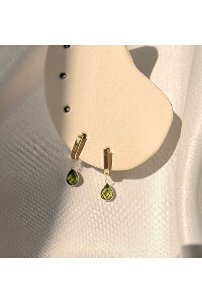 Goldstation 14 Ayar Altın Küpe Damla Taşlı(YEŞİL) (çift)