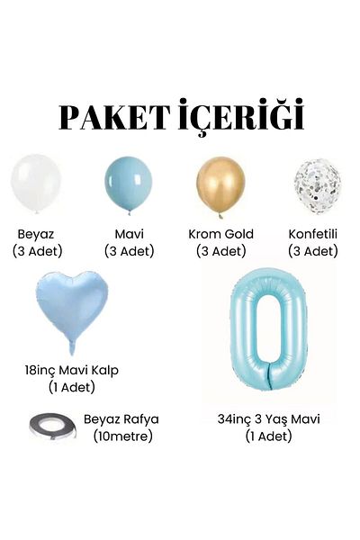Konsept Sepeti Σετ γενεθλίων 0 ετών - Μπλε Λευκό Χρώμιο Χρυσό, Μπαλόνι Καρδιά Μπαλόνι Πάρτι