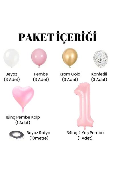 Konsept Sepeti 1 Year Old Birthday Set - Pink Heart Balloon Party with Foil, White, Pink, Chrome Gold Confetti