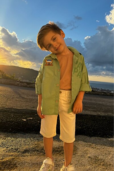 Pollito Khaki Shirt T-Shirt and Paw Dog Embroidered Cotton 2-Piece Set for Boy