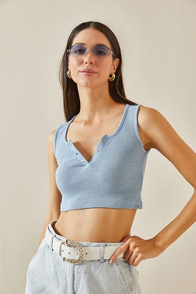 XHAN Ribbed Baby Blue Blouse - Snaps, 5YXK2-48733-55