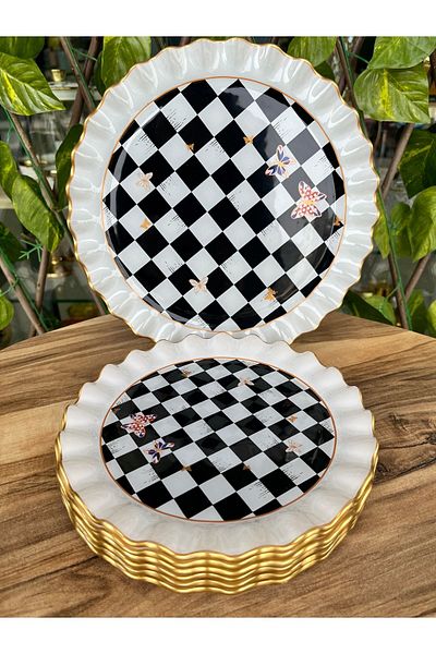 GÜRCÜGLASS Cake Plate checkered pattern 7 pieces