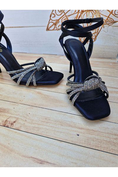 Modavien Sandale de rochie de seara Black Stone 7 cm - Infasurate in cruce in fata