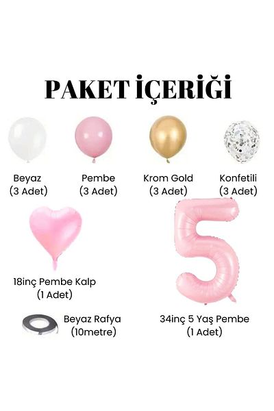 Konsept Sepeti Σετ γενεθλίων 5 ετών - Λευκό ροζ, ροζ μπαλόνι καρδιάς με χρώμιο χρυσό κονφέτι