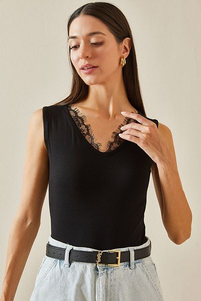 XHAN V-Neck Black Lace Blouse - 5YXK2-48738-02