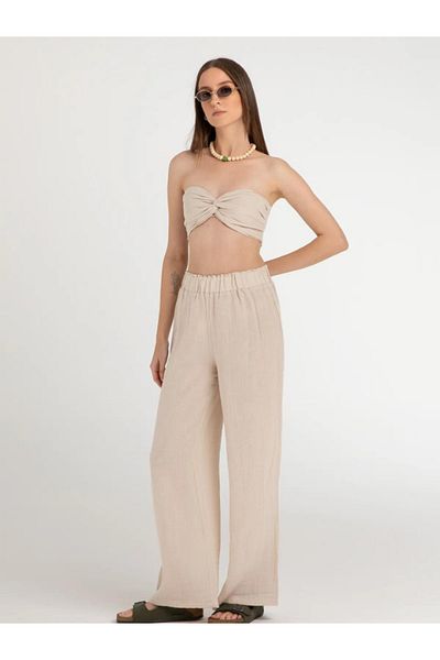 DENİZLİFE 100% Cotton Muslin Women's Palazzo Trousers - Elastic Waist