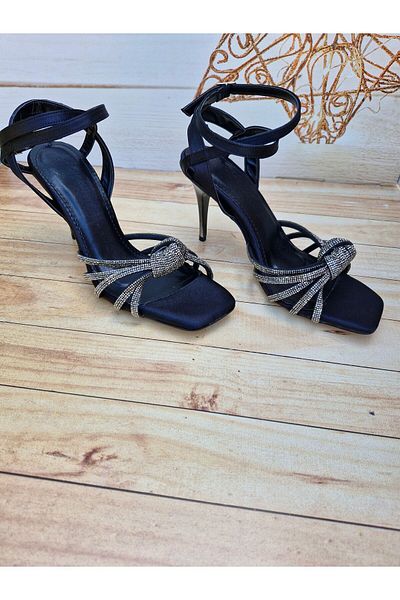 Modavien Sandale de rochie de seara Black Stone 7 cm - Infasurate in cruce in fata