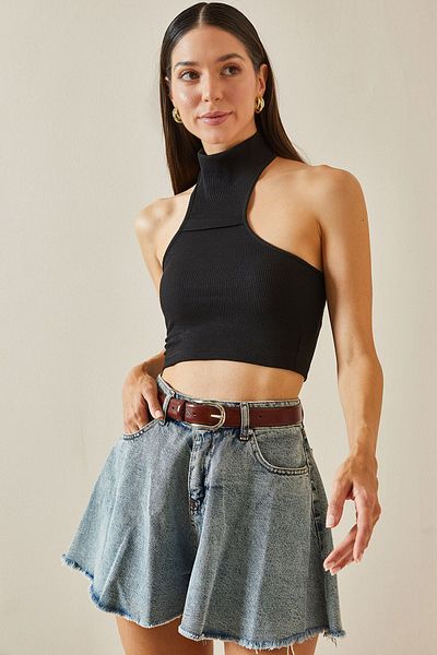 XHAN Black Crop Blouse - Back Button, 5YXK2-48727-02