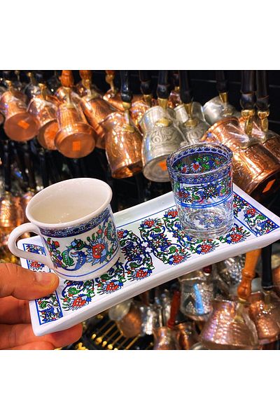 AYBABA STORE مجموعة تقديم القهوة الفردية بزخارف البلاط العثمانية الأصلية