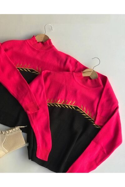 KKC CONCEPT Women's Pink Black Gold Spike Embroidery Detailed Half Turtleneck Long Knitwear Sweater 2 Pieces