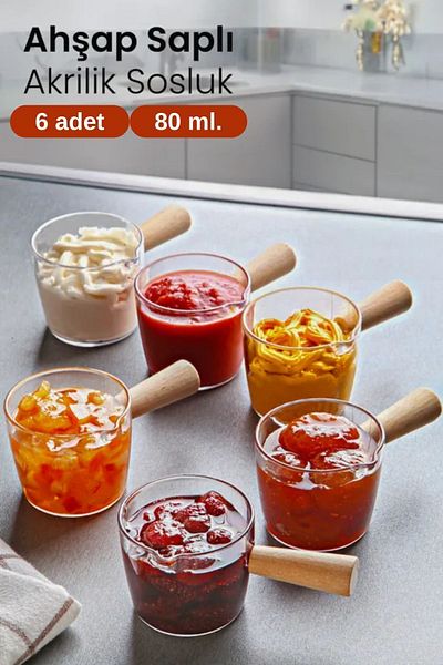 AzzaWood 6-Piece Wooden Handle Mica Jam Sauce Bowl Tableware Presentation Breakfast Set - 80 ml