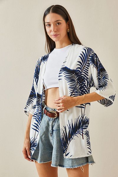 XHAN Blauer Kimono mit Palmenmuster – Ärmel mit Spitze, 5YXK4-48748-12