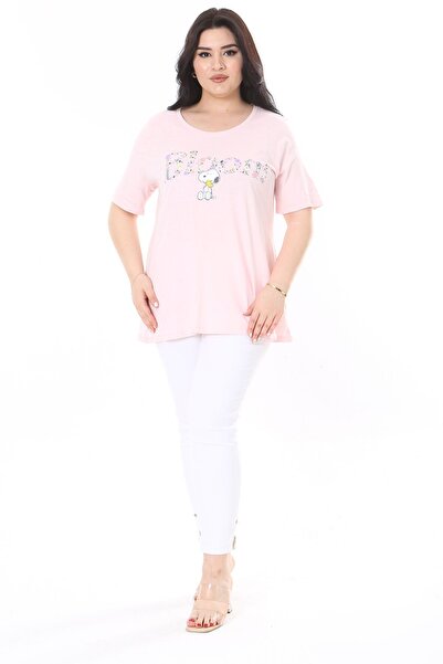 Şans Μπλούζα από βαμβακερό ροζ εμπριμέ Plus Size - Κοντό μανίκι 65N38014