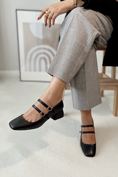 POLKA STORE Women's Mary Jane Black Matte Leather Closed Back Double Tape Square Toe Helmet Short Block Heeled Shoes