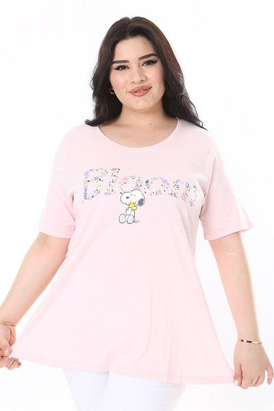 Şans Plus Size Pink Printed Cotton Blouse - Short Sleeve 65N38014