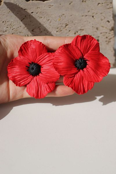 Gizy Store Large Size Red Flower Patterned Poppy Earrings - Polymer Clay Handmade